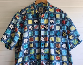 Chemise hawaïenne Tori Richard vintage : imprimé polynésien, boutons noix de coco (hommes L)