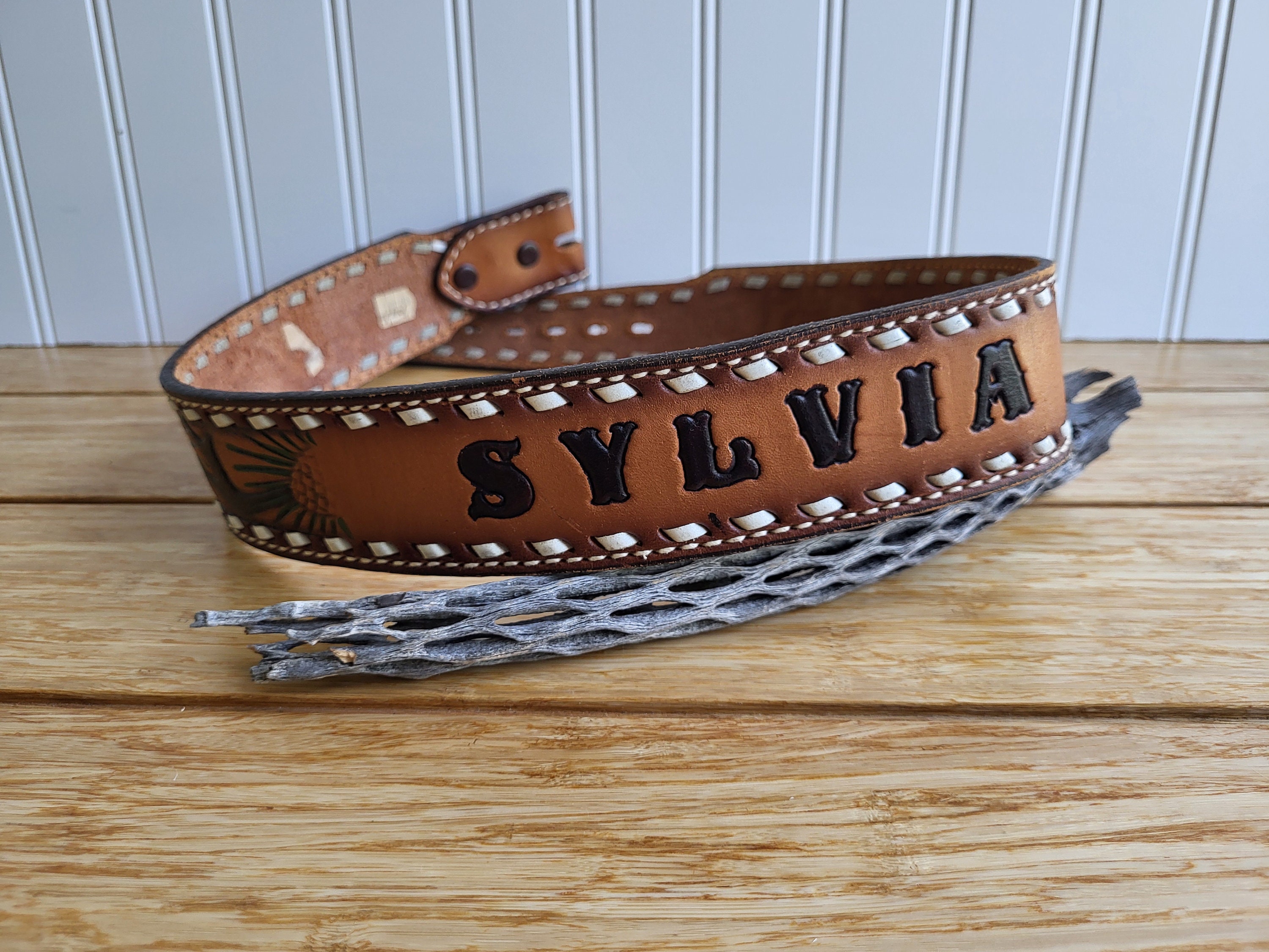 Vintage Tony Lama Tooled Leather Belt - Western Sylvia Name  display picture 1