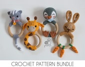 CROCHET PATTERN BUNDLE crochet amigurumi cat kitten giraffe penguin bunny rabbit rattle teether ring Handmade baby shower newborn gift