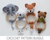 CROCHET PATTERN BUNDLE crochet amigurumi fox elephant seal bear rattle teether ring Handmade baby shower newborn gift