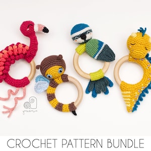 May include: A collection of four handmade crochet baby rattles in the shape of a flamingo, bee, bird, and dinosaur. Each rattle features a wooden ring and is crafted in vibrant colors like pink, yellow, blue, and brown. The text "CROCHET PATTERN BUNDLE" is at the bottom.