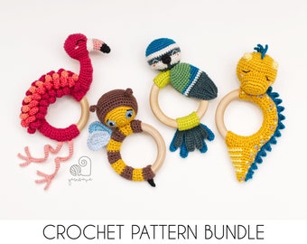 CROCHET PATTERN BUNDLE crochet amigurumi flamingo, honey bee, bird, dragon rattle teether ring / Handmade baby shower newborn gift