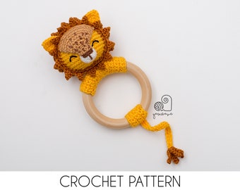 CROCHET PATTERN Liam the Lion crochet amigurumi rattle teether ring / Handmade baby shower newborn gift