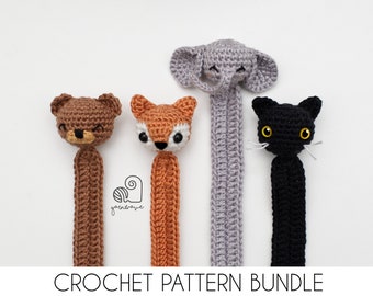 CROCHET PATTERN BUNDLE Teddy Bear Cat Elephant Fox crochet amigurumi bookmark / Handmade gift for book lovers