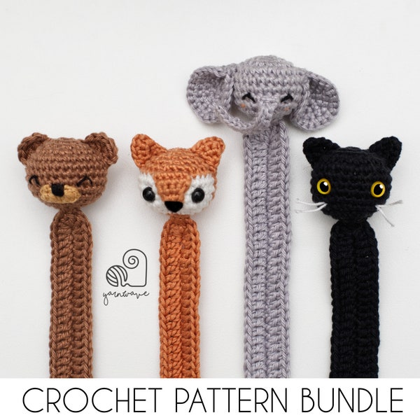 CROCHET PATTERN BUNDLE Teddy Bear Cat Elephant Fox crochet amigurumi bookmark / Handmade gift for book lovers