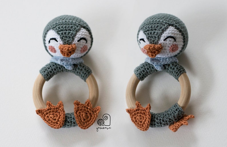 CROCHET PATTERN BUNDLE crochet amigurumi cat kitten giraffe penguin bunny rabbit rattle teether ring / Handmade baby shower newborn gift image 6