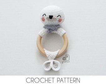 CROCHET PATTERN Frosty the Seal crochet amigurumi rattle teether ring / Handmade baby shower newborn toy gift