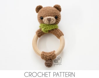 CROCHET PATTERN Ted the bear crochet amigurumi rattle teether ring / Handmade baby shower newborn gift