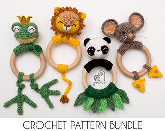 CROCHET PATTERN BUNDLE crochet amigurumi frog prince lion panda bear mouse rat rattle teether ring / Handmade baby shower newborn gift