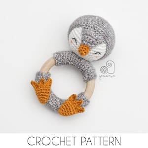 CROCHET PATTERN Peter the Penguin crochet amigurumi rattle teether ring / Handmade baby shower newborn toy gift image 1