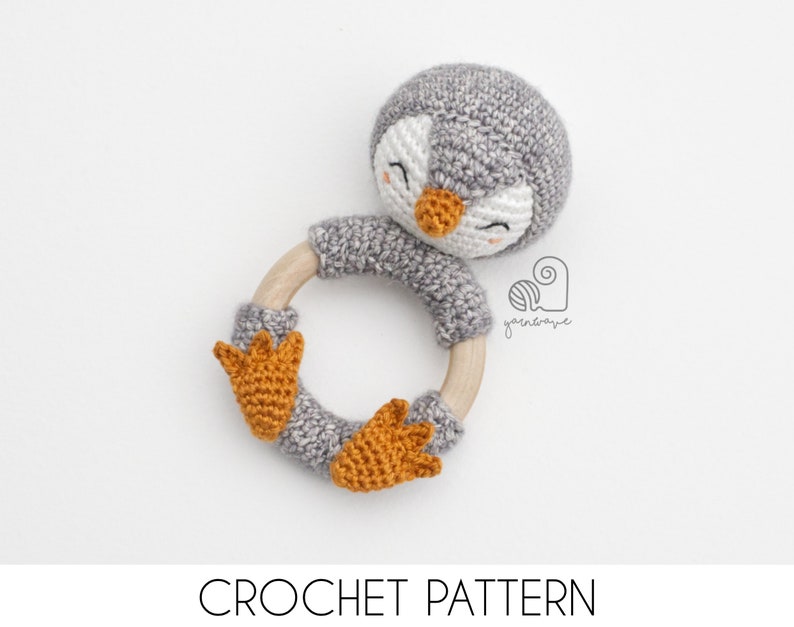 CROCHET PATTERN Peter the Penguin crochet amigurumi rattle teether ring / Handmade baby shower newborn toy gift image 1