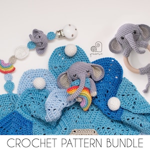 CROCHET PATTERN BUNDLE Joe the Elephant crochet baby shower gift set of rattle, pacifier clip and baby security blanket lovey