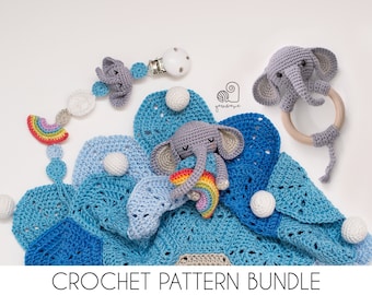 CROCHET PATTERN BUNDLE Joe the Elephant crochet baby shower gift set of rattle, pacifier clip and baby security blanket lovey