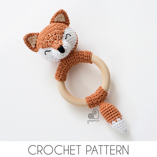 CROCHET PATTERN Lucy the Fox crochet amigurumi rattle teether ring / Handmade baby shower newborn gift