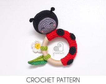 CROCHET PATTERN Lilly the Ladybug crochet amigurumi rattle teether ring / Handmade baby shower newborn gift