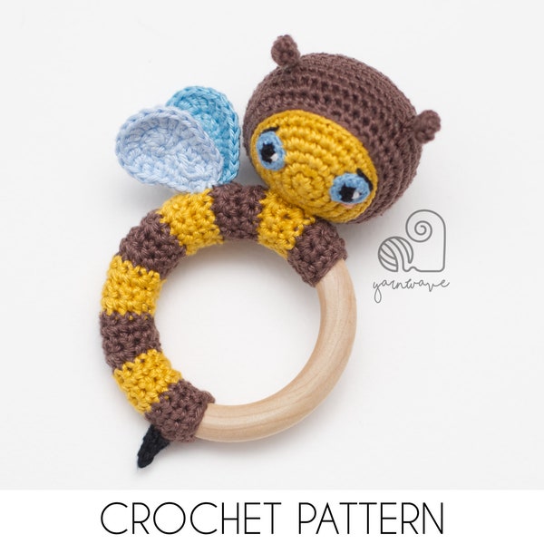 CROCHET PATTERN Buzz the Honey bee crochet amigurumi rattle teether ring / Handmade baby shower newborn gift