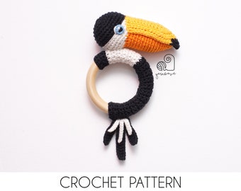 CROCHET PATTERN Toby the Toucan crochet amigurumi bird rattle teether ring / Handmade baby shower newborn gift