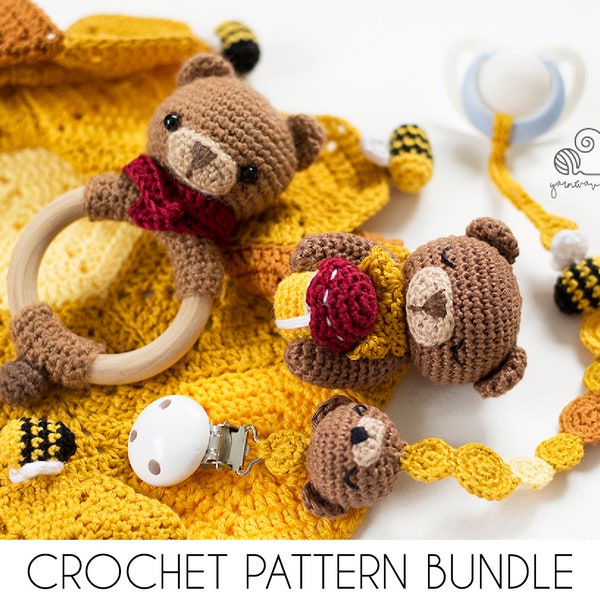 CROCHET PATTERN BUNDLE Ted the bear crochet baby shower gift set of rattle teether ring, pacifier clip and baby security blanket lovey