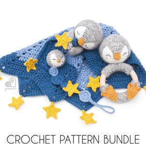 CROCHET PATTERN BUNDLE Peter the Penguin crochet baby shower gift set of rattle, pacifier clip and baby security blanket lovey