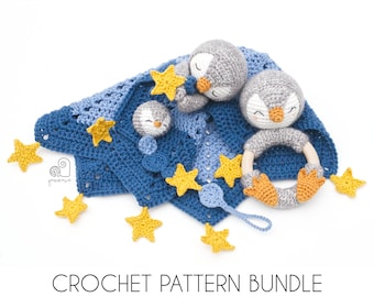 CROCHET PATTERN BUNDLE Peter the Penguin crochet baby shower gift set of rattle, pacifier clip and baby security blanket lovey