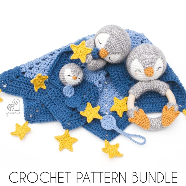 CROCHET PATTERN BUNDLE Peter the Penguin crochet baby shower gift set of rattle, pacifier clip and baby security blanket lovey