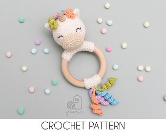 CROCHET PATTERN Celeste the Unicorn crochet amigurumi rattle teether ring / Handmade baby shower newborn gift