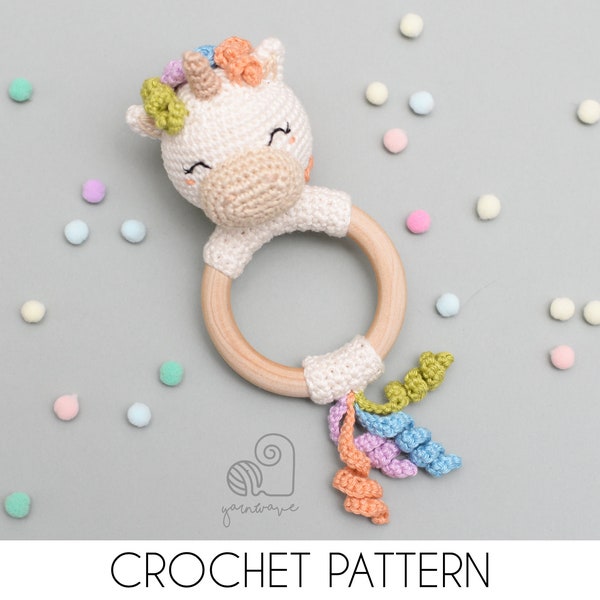 CROCHET PATTERN Celeste the Unicorn crochet amigurumi rattle teether ring / Handmade baby shower newborn gift