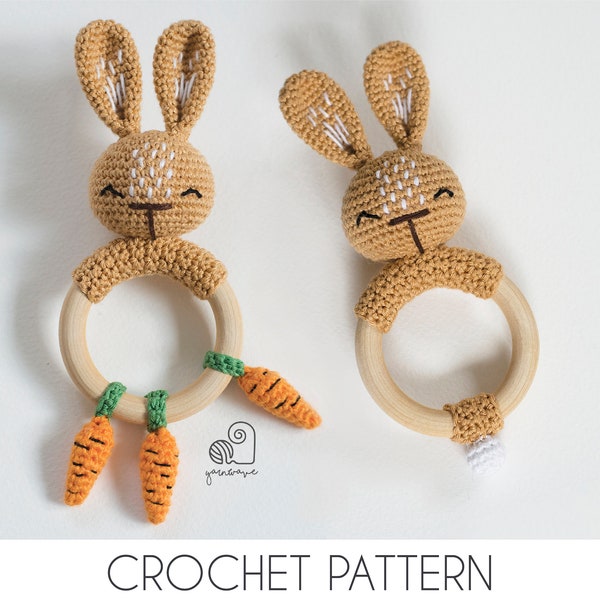 CROCHET PATTERN Rupert the Rabbit crochet amigurumi bunny rattle teether ring / Handmade baby shower newborn gift