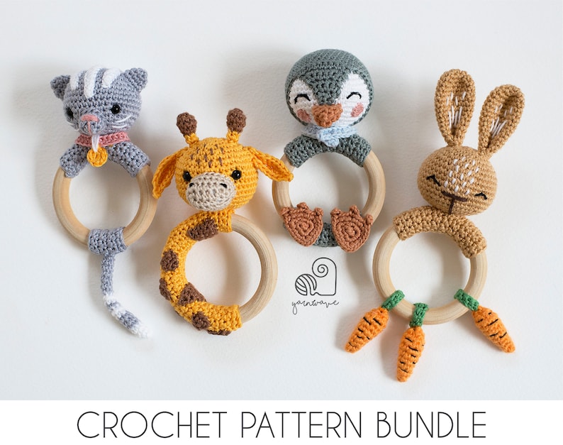 CROCHET PATTERN BUNDLE crochet amigurumi cat kitten giraffe penguin bunny rabbit rattle teether ring / Handmade baby shower newborn gift image 1