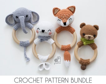 CROCHET PATTERN BUNDLE crochet amigurumi fox elephant seal bear rattle teether ring / Handmade baby shower newborn gift