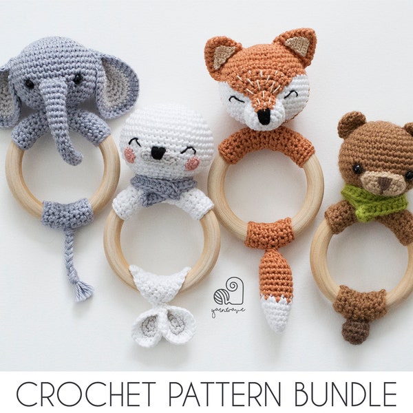 CROCHET PATTERN BUNDLE crochet amigurumi fox elephant seal bear rattle teether ring / Handmade baby shower newborn gift
