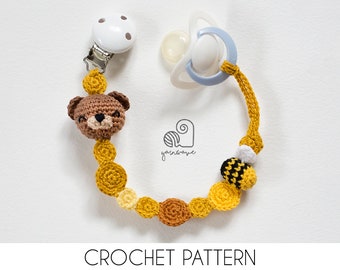 CROCHET PATTERN Ted the Bear Pacifier Clip crochet amigurumi pacifier holder / Handmade gift for baby shower