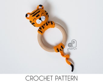 CROCHET PATTERN Timmy the Tiger crochet amigurumi rattle teether ring / Handmade baby shower newborn gift