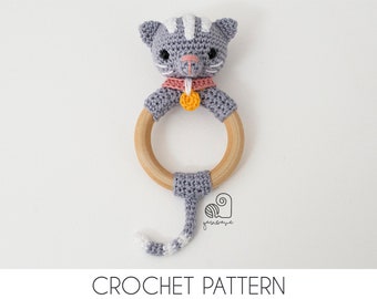 CROCHET PATTERN Kathy the Cat crochet amigurumi rattle teether ring / Handmade baby shower newborn gift