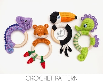 Crochet Amigurumi Rattle Pattern Bundle, Chameleon, Toucan, Hamster, Seahorse (PDF Pattern)