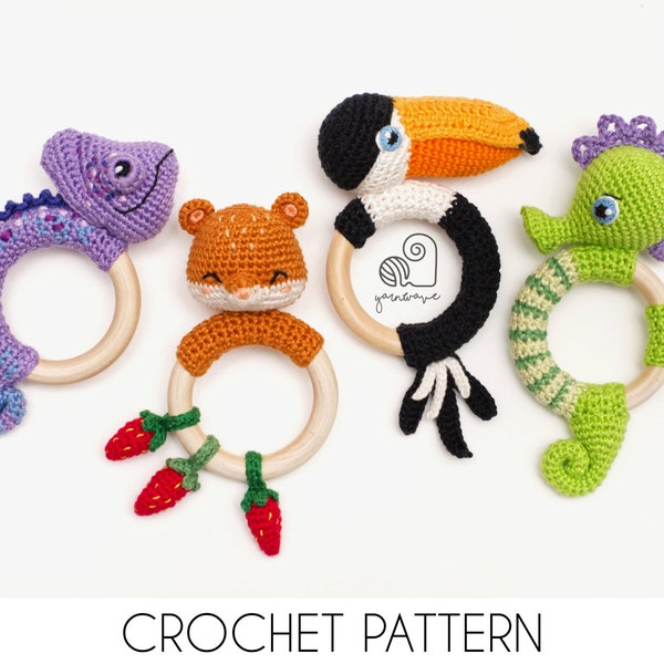 CROCHET PATTERN BUNDLE crochet amigurumi chameleon, toucan, hamster, seahorse rattle teether ring / Handmade baby shower newborn gift
