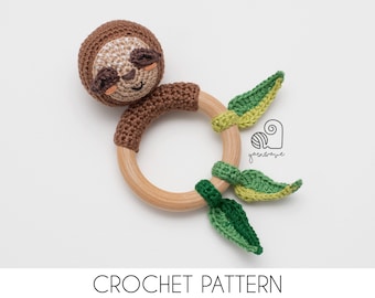 CROCHET PATTERN Sally the Sloth crochet amigurumi rattle teether ring / Handmade baby shower newborn gift