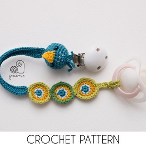 CROCHET PATTERN Patick the Peacock Pacifier Clip crochet amigurumi pacifier holder / Handmade gift for baby shower
