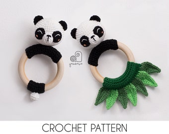 CROCHET PATTERN Poppy the Panda crochet amigurumi bear rattle teether ring / Handmade baby shower newborn gift