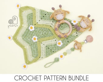 CROCHET PATTERN BUNDLE Ginny the Giraffe crochet baby shower gift set of rattle, pacifier clip and baby security blanket lovey