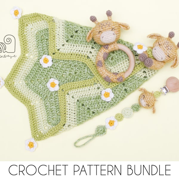 CROCHET PATTERN BUNDLE Ginny the Giraffe crochet baby shower gift set of rattle, pacifier clip and baby security blanket lovey