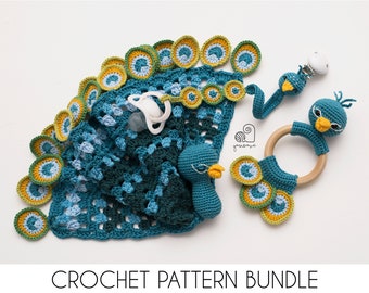 CROCHET PATTERN BUNDLE Patrick the Peacock crochet baby shower gift set of rattle, pacifier clip and baby security blanket lovey