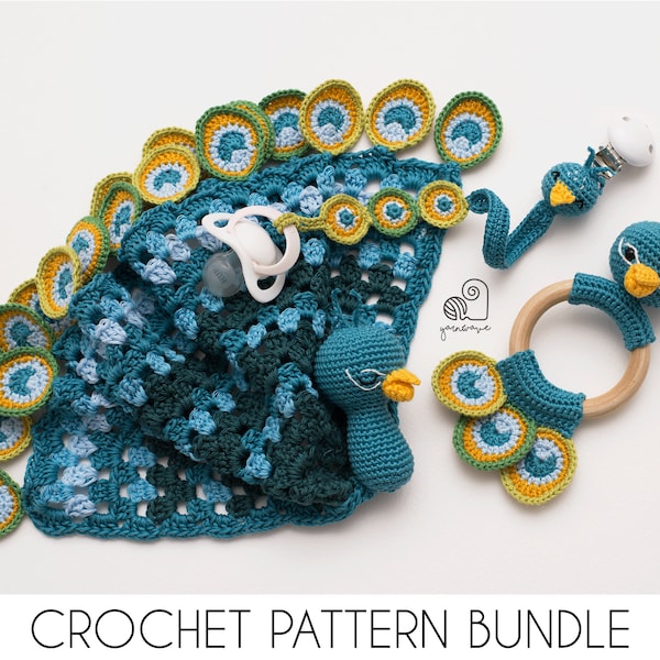 CROCHET PATTERN BUNDLE Patrick the Peacock crochet baby shower gift set of rattle, pacifier clip and baby security blanket lovey