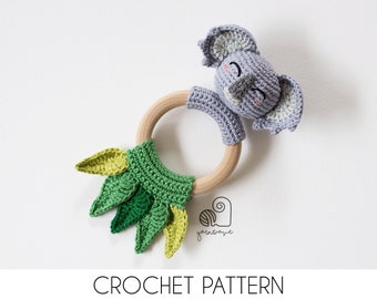 CROCHET PATTERN Kim the Koala crochet amigurumi rattle teether ring / Handmade baby shower newborn gift