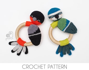 CROCHET PATTERN Berri the Bird crochet amigurumi rattle teether ring / Handmade baby shower newborn gift