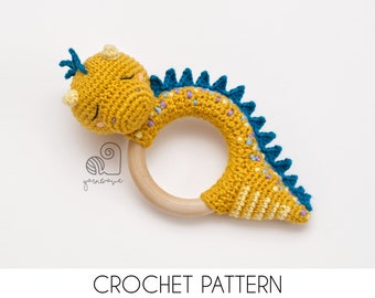 CROCHET PATTERN Dexter the Dragon crochet amigurumi rattle teether ring / Handmade baby shower newborn gift