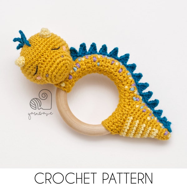 CROCHET PATTERN Dexter the Dragon crochet amigurumi rattle teether ring / Handmade baby shower newborn gift