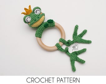 CROCHET PATTERN Felix the Frog crochet amigurumi rattle teether ring / Handmade baby shower newborn gift