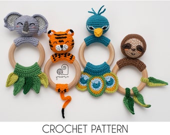 Crochet Amigurumi Rattle Pattern Bundle, Koala, Tiger, Peacock, Sloth (PDF Pattern)