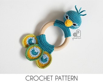 CROCHET PATTERN Patrick the Peacock crochet amigurumi rattle teether ring / Handmade baby shower newborn gift